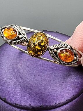 Vintage Navajo Signed Baltic Amber Three Stone Handmade Sterling Silver Bracelet